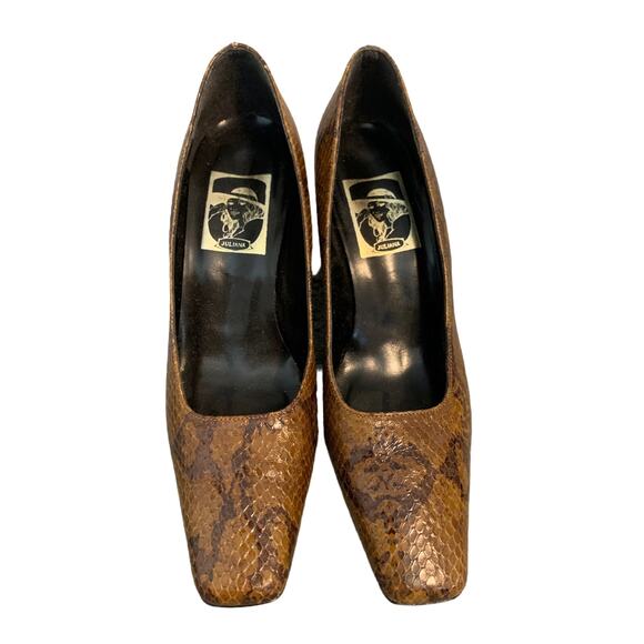Juliana Leather Hollow Wedge Vintage Size 7.5 M Brown Snake Print Womens Pump - Picture 2 of 11